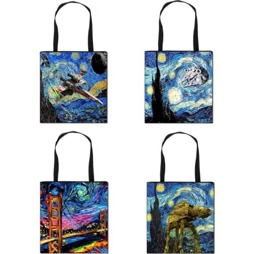Oil Painting Handbag Starry Night Painting Van Gogh Tote Bags Women Reusable Shopping Convenience Bag Traveling handbag