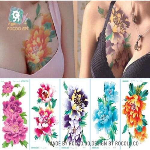 Rocooart Large Flowers Tattoo Chest Arms Taty Tiger Rose Fake Tattoo Chrysanthemum Tatuajes Watercolor Temporary Tattoo Stickers