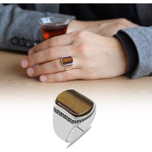 Tesbihane Flat Design Tiger Eye Stone 925 Sterling Silver Men 'S Ring