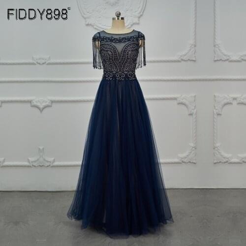 Navy Blue Prom Dresses Scoop Tassel Short Sleeve Beaded Evening Gown vestidos de fiesta Tulle Formal Evening Dress OEV-L4249