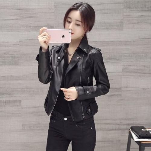 Womens Plus Size Motorcycle Leather Jacket Korean Style Short Slim-fit Trendy Leather Jacket