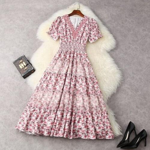 European and American womens wear for summer 2021 Short sleeved beaded V-neck flower print Fashion dress