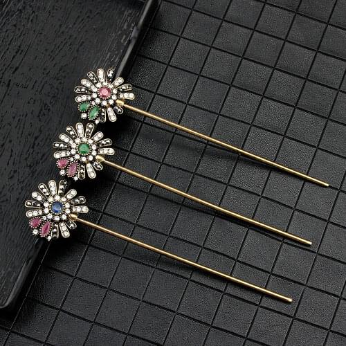 Sunspicems Boho Women Flower Hair Sticks Resin Hairpin Ethnic Wedding Jewelry Antique Gold Color Arabic Bride Comb Tight Updo