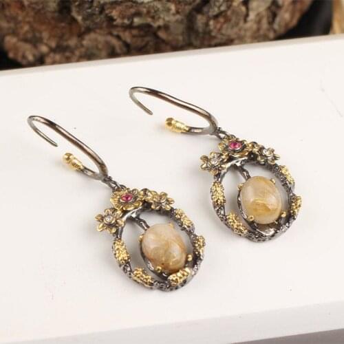 Women Floral Shaped Earring, Round Handmade Silver Gold Plated Yellow Quartz Special Design Gift Earrings