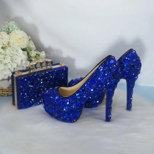Blue Crystal Bride Wedding Shoes With Bag Set Bridesmaid Party Dress Shoes Women 14cm Super High Heels Rhinestone Pumps Handbag