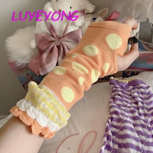 Lady Thin Fingerless Elbow-length Dot Stripe Gloves Mittens Cute Lovely Girl Jk Glove 2020 Fashion Lolita Orange Purple Orange