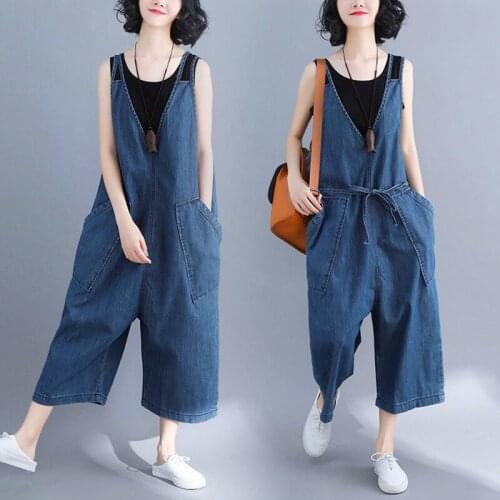 New Summer Women Jeans Overalls Pant Plus Size Ankle-Length Casual Loose Big Pockets Sashes Slim Jeans Overalls Pants For Denim
