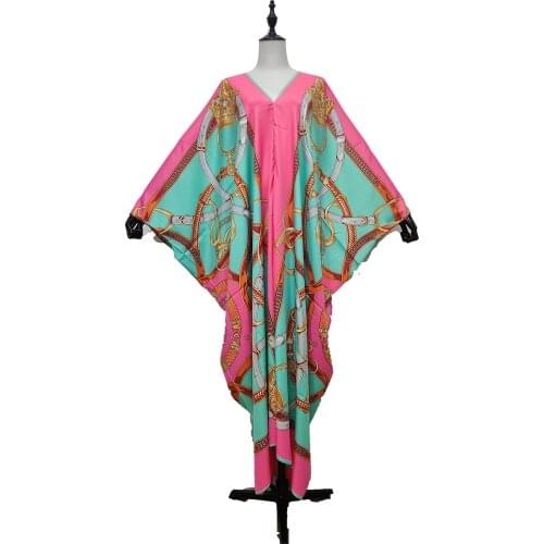 Kuwait Fashion Pink V-neck Bohemian Batwing Sleeve Silk Kaftan Dress Plus Size Nigerian Womens BouBou Party Maxi Dress
