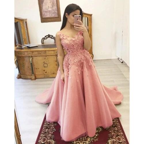 Flowers Appliques 2021 Prom Dresses A Line Scoop Neckline V Back Formal Evening Party Gown Dress Robe De Soiree