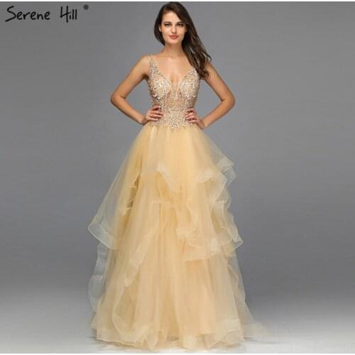 Gold V-Neck Beading Diamond Prom Dressese A-Line Sleeveless Sexy Prom Gowns Design 2020 Serene Hill BLA70149