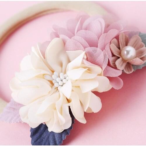 1PC Baby Accessories Rose Hair bands Chiffon Flower Lace Elastic Pearl Newborn Nylon Headbands Fake Flower Baby Girls Hair Tie