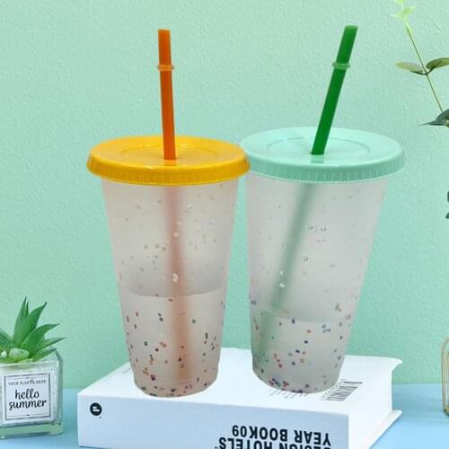 700ml Rainbow Straw Cup Food Grade Reusable PP Plastic Color Changing Bottle with Lid for Office Sports Plastic Mugs Wholesale