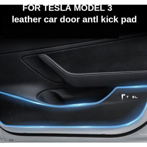 Car Door Anti Kick Pads Protection Mat Leather Carbon Fiber Stickers for Tesla Model 3 2017 - 2021 Auto Interior Accessories