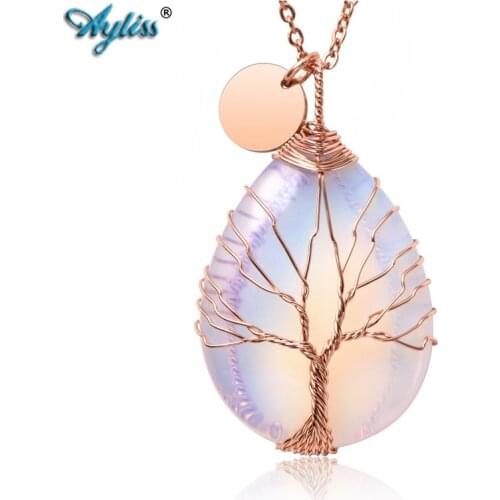 Ayliss Wire Wrapped Tree of Life Natural Gem stone Teardrop Pendant Necklace Healing Crystal Chakra Pendant Jewelry for Women