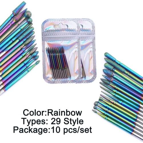 10Pcs Nail Drill Bit Milling Cutter Polishing Rainbow Coating Clean Burr Removal Gel Manicure Rotating Grind Tools Accessories