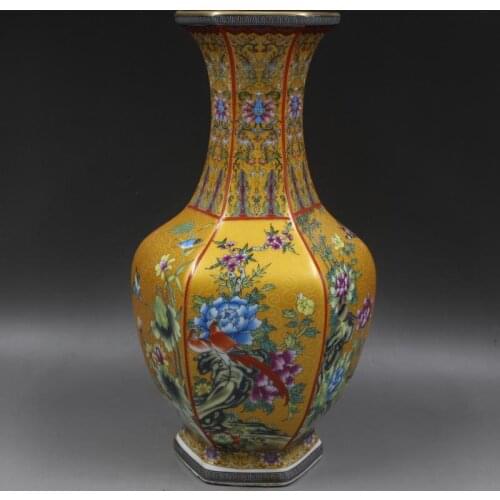 Jingdezhen ceramic enamel hexagon porcelain antique vase flower arranging living room Chinese household decoration TV cabinet