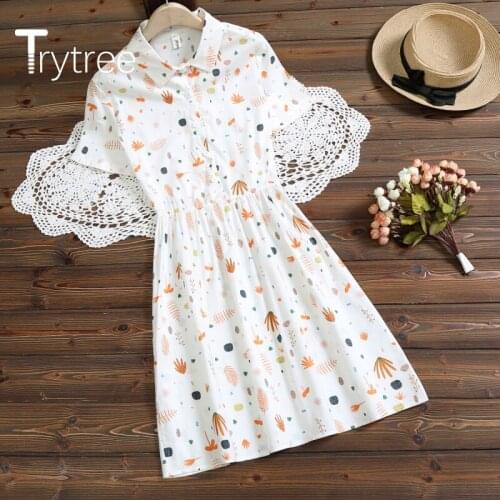 Trytree 2020 Summer Women Dress Casual Turn-down Collar Print Fashion Elegant Loose Small fresh College style A-line Dress