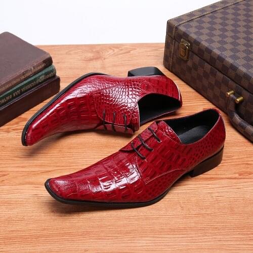 Calzado Hombre Fashion Red Men Formal Shoes Genuine Leather Square Toe Boy Dress Shoes Men Lace Up Printed Party Wedding Shoes