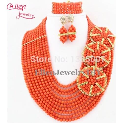 Nigerian African Wedding Coral Beads Jewelry Set 10 Rows Orange Coral Jewelry Set Necklace Bracelet Earrings TL1210