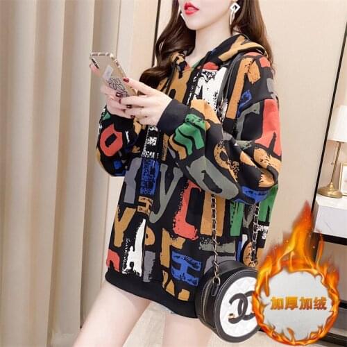 New Spring and Autumn Womens Hoodie Fashion Loose Plus Velvet Print Pullover Outdoor Leisure Sports Long Sleeve Top