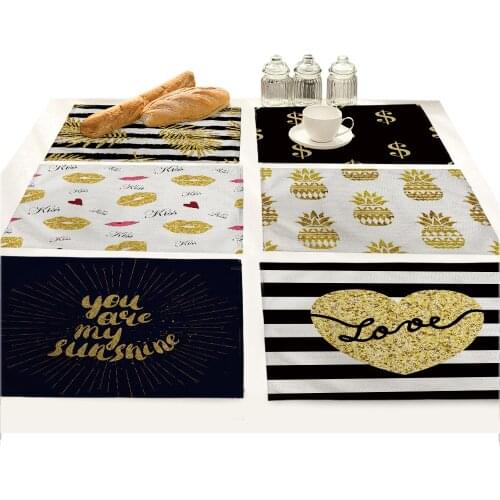 Nordic Kitchen Black Gold Heart Lips Letter Printed Placemats for Dining Table Accessories Pineapple Cat Stripe Bar Mat Coaster