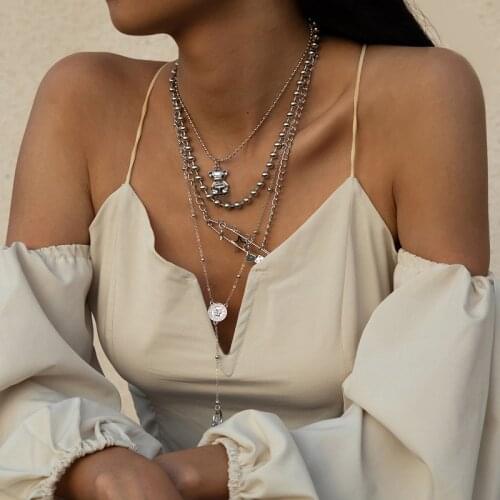 TIMEONLY Exaggerated Multi Layering Hollow Heart Coin Star Dice Pin Bear Pendant Necklaces Fro Women Tassel Jewellery Punk Bead