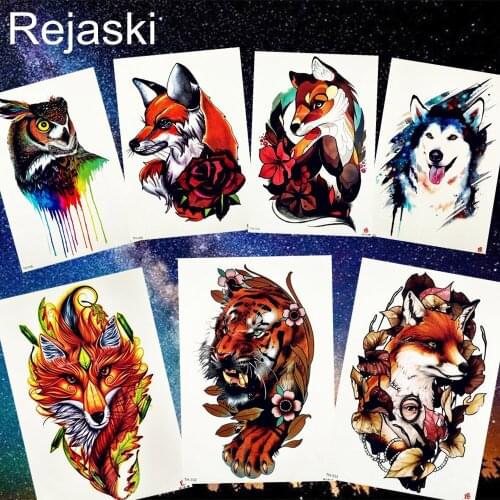 REJASKI Watercolor Tribal Fox Wolf Owl Husky Dog Temporary Tattoo Sticker Tiger Flower Flash Tattoo Body Art Arm Sexy Fake Tatoo