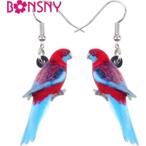 Bonsny Acrylic Elegant Crimson Rosella Parrot Bird Earrings Big Long Dangle Drop Novelty Animal Jewelry For Women Girls Summer