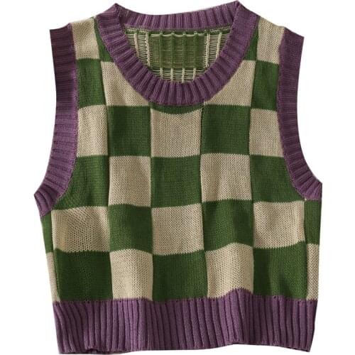 Autumn new retro hit color o-neck stitching plaid sleeveless short section knitted womens sweater vest