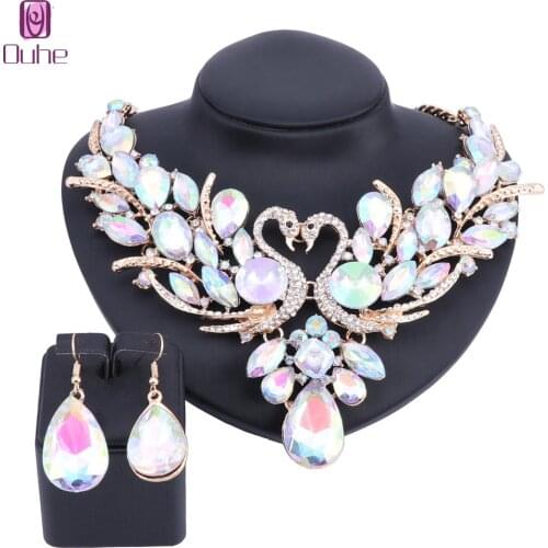 OUHE Trendy Gold Color AB Crystal Swan Bridal Jewelry Sets Italian for Women Girls Wedding Jewelry Sets Costume Accessories Gift