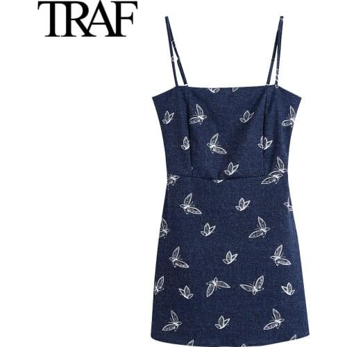 Traf Za Women Clothing 2021 Summer Vintage Sleeveless Denim Dress Printed Sexy Dress Evening Club Party Short Dresses