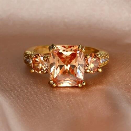 Women Luxury Champagne Zircon Square Stone Rings For Female Yellow Gold Birthstone Ring Vintage Fashion Wedding Promise Jewelry