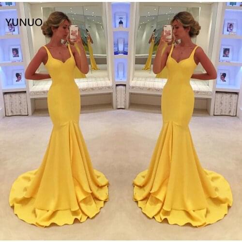 YUNUO Straps Sleeveless Yellow Evening Dress Vestidos Tiered Mermaid Party Dresses robe de soiree Prom Gowns Sweep Train