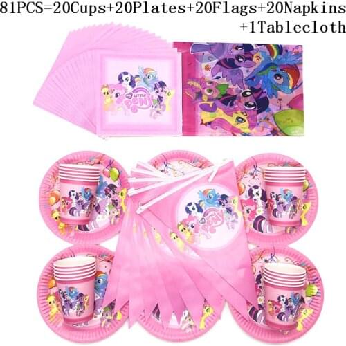 My Little Pony Cartoon Theme 51Pcs/81pcs Baby Shower Tablecloth Birthday Party Kids Favors Pony Plates Banners Napkins Supplies