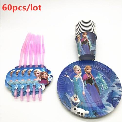 60Pcs Cartoon Disney Frozen Theme Design Family Party Kids Birthday Party Decoration Cup Plate Straw for 10People Use Supplies
