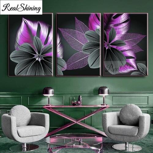 Black Purple Plant Leaf Diamond Painting Triptych Modern Home Decor Abstract Wall Art Painting Nordic Living Room Decor F999