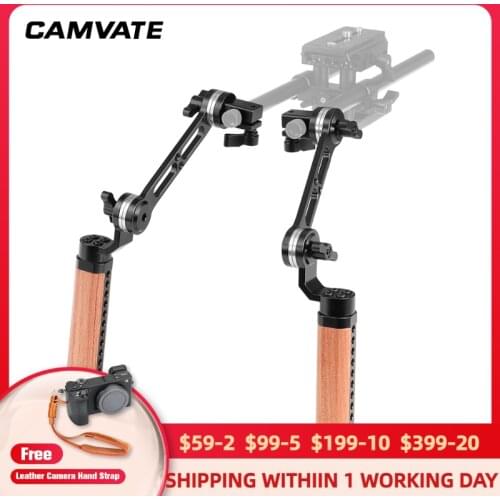 CAMVATE 2Pieces Camera Adjustable Wooden Handle Grip With ARRI Rosette M6 Mounting Thread &15mm Single Rod Clamp & Extension Arm