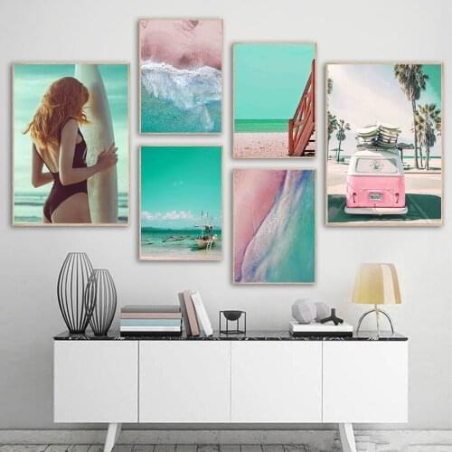Girl Sea Beach Boat Coconut Tree Van Wave Wall Art Canvas Painting Nordic Posters And Prints Wall Pictures For Living Room Decor