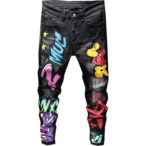 Mens Print Ripped Stretch Denim Black Skinny Jeans Fashion Streetwear Fancy Color Letters Painted Tapered Pencil Pants Trousers