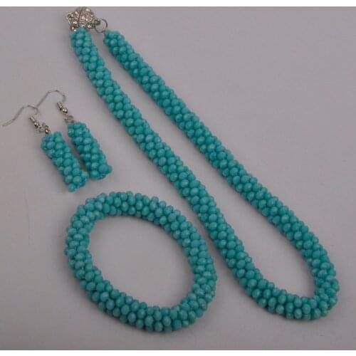 Aqua Blue African Necklace Crystal Beaded Jewelry Set Women Nigerian Beads Jewelry Sets