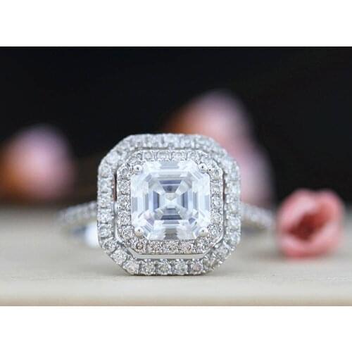 3 Carat Asscher Moissanite Ring Test Positive Brilliant Cut Lab Grown Diamond Solid 14K White Gold Engagement Rings Halo Ring