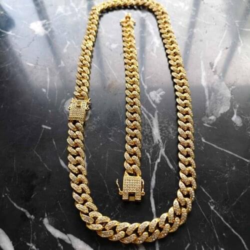12mm Hip hop Full Bling Rhinestone Jewelry Sets Gold Silver Color Miami Cuban Chain Necklaces Bracelets Box Clasp Iced Out