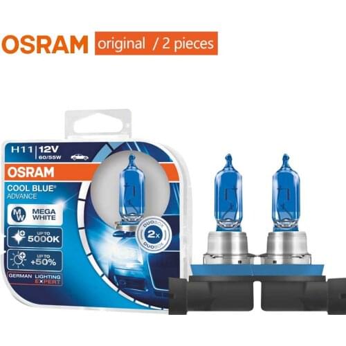OSRAM Cool Blue Advance H11 12V 55W 5000K Halogen Mega White Xenon Look 50% More Light Car Headlight 62211CBA (2Pcs)