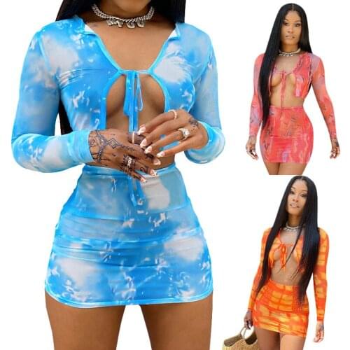 S390111 Wholesale Items Summer Girls Long Sleeve Hollow Out Crop Top Two Piece Print Dress Sets Short Women Skirt Set