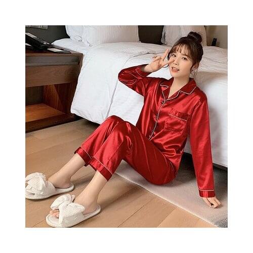 Silk Like Pajamas Womens Autumn Long Sleeve Ice Silk Two Piece Korean Casual Cardigan Silk Pajamas Home Wear