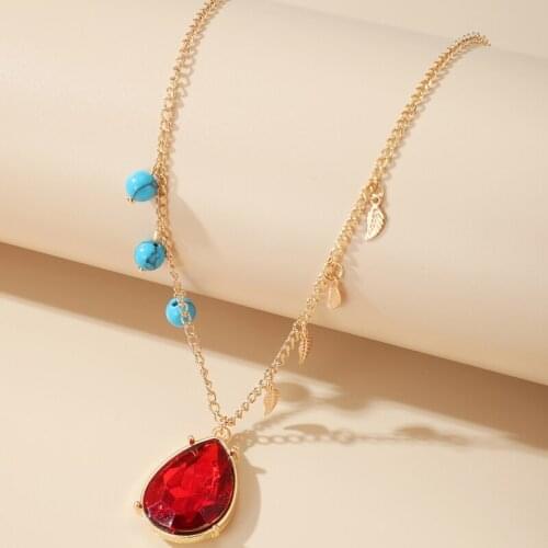 Tocona Luxury Water Drop Red Rhinestone Pendant Necklace for Women Trendy Blue Bead Leaf Chain Jewelry Accessories 13994