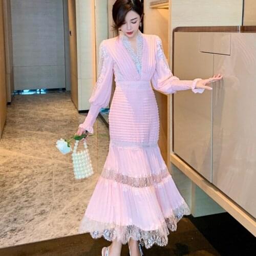 V-neck Maxi Vestidos High Waist Elegant Dresses Female Clothing 2021 New Lantern Sleeve Dress Woman Casual Pink Lace Z439