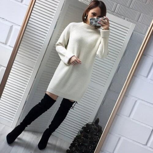 High Quality Autumn Winter Solid Knitted Cotton Sweater Dresses Women Loose O-neck Pullover Dress Vestidos Feminino Jumper