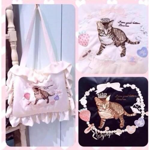 Japanese Girl Cat Embroidered Lolita JK Uniform Square Handbag Ruffled Shoulder Pillow Tote Bag