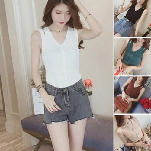 Women Sleeveless Cami Tank Top Knit Button Down Slim Fit Summer Top Shirt -OPK